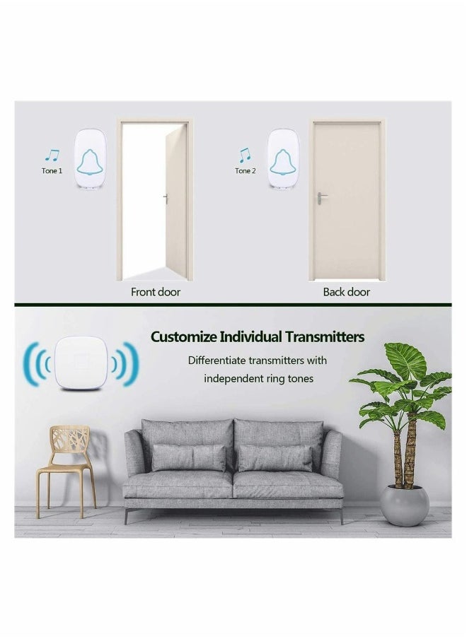 Wireless Doorbell, Waterproof Door Bell with 38 Melodies and Led Flash,1000-Foot Range, 4 Level Volume, 2 Remote Buttons and 1 Receiver