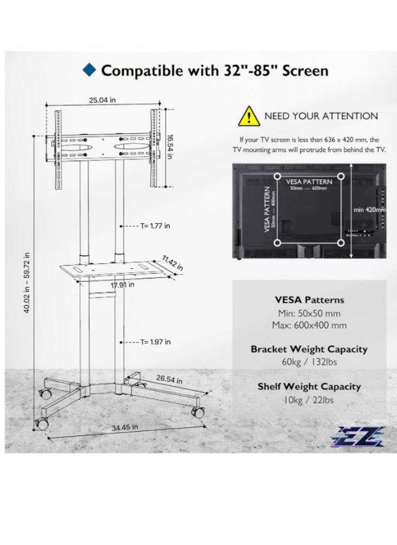 Mobile TV Stand Trolley Cart Mount – Exhibition Display for 32”-65” Plasma/LCD/LED TVs, Portable and Adjustable