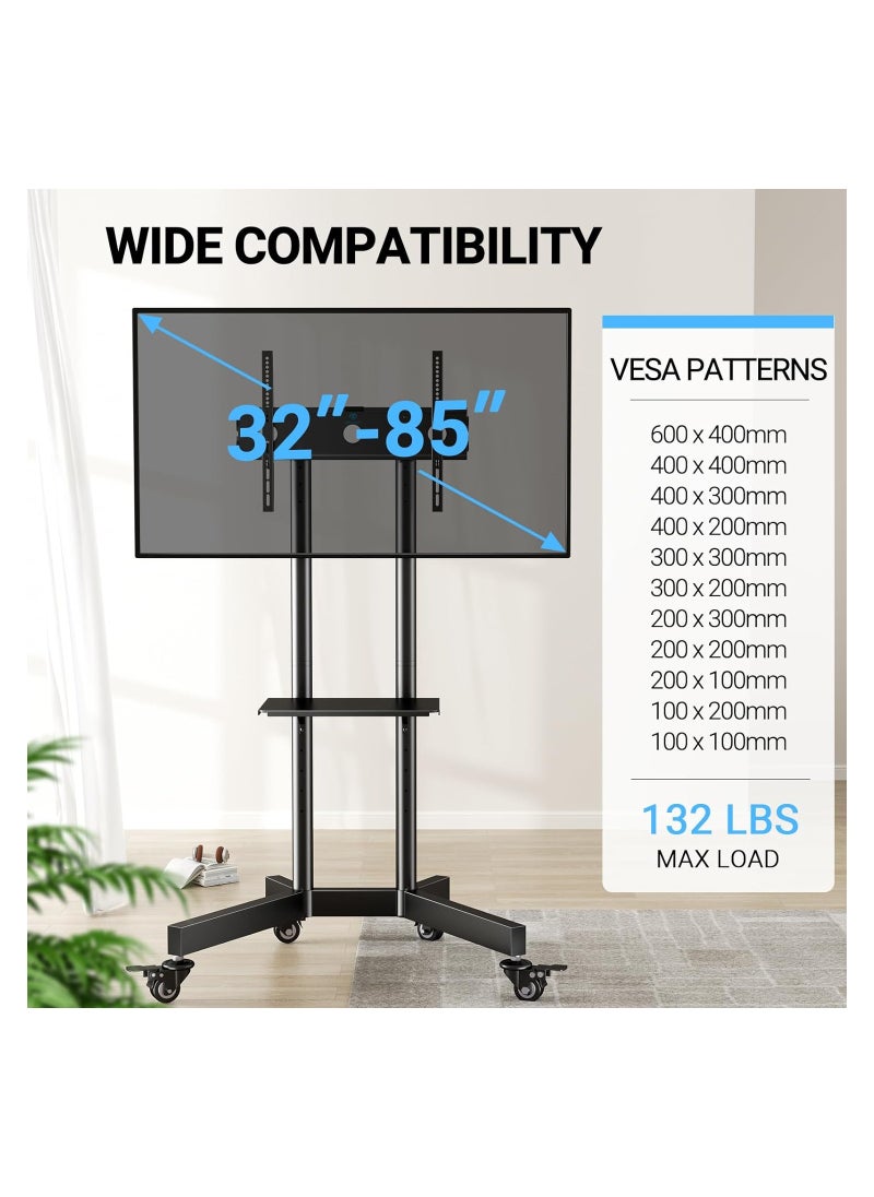 Mobile TV Cart with Wheels for 32-65 Inch LCD LED Plasma Flat Screen TVs- Height Adjustable Rolling TV Stand Hold up to 132 lbs- Floor Stand with Tray Max VESA 600x400mm