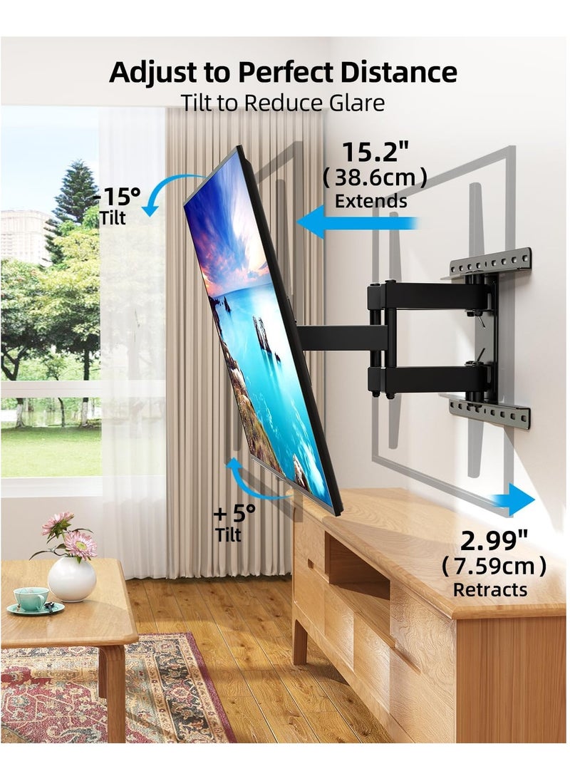 Swivel TV Wall Bracket for 32-75 Inch TVs – Full Motion TV Mount with ±60° Swivel, 5°/-15° Tilt, 132lbs/60kg Load Capacity, Max VESA 600x400mm, 15.2”/38.6cm Extendable Reach – HV6601