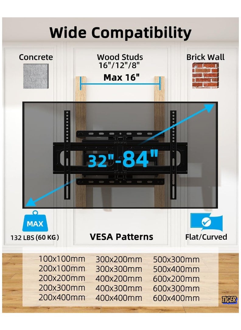 Swivel TV Wall Bracket for 32-75 Inch TVs – Full Motion TV Mount with ±60° Swivel, 5°/-15° Tilt, 132lbs/60kg Load Capacity, Max VESA 600x400mm, 15.2”/38.6cm Extendable Reach – HV6601