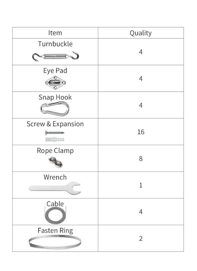 Sun Shade Sail Hardware Kit 6 inch with 4pcs 50.5ft Cable Wire Rope 304 Stainless Steel for Patio Garden Triangle Rectangle and Square Sails Installation 59 pcs