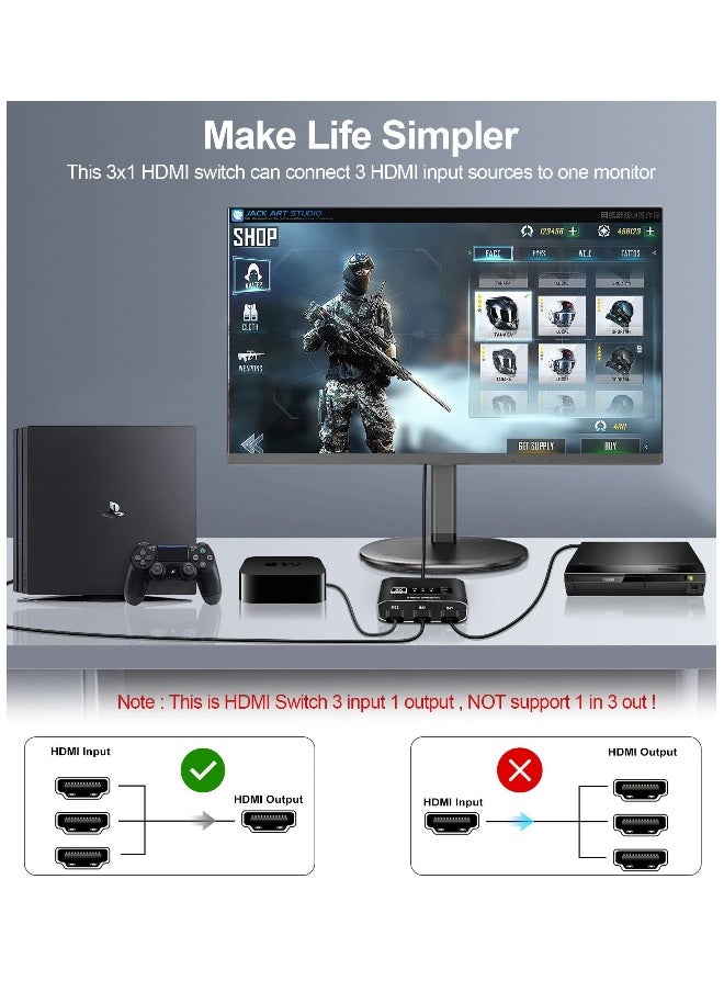 HDMI 2.1 Switch 4K 120Hz, Aluminum Alloy 8K@60Hz HDMI Switch, 3 Port HDMI Switcher Selector Box, Supports 4K@120Hz, Ultra HD, 4K HDMI Selector Switcher for Game Consoles