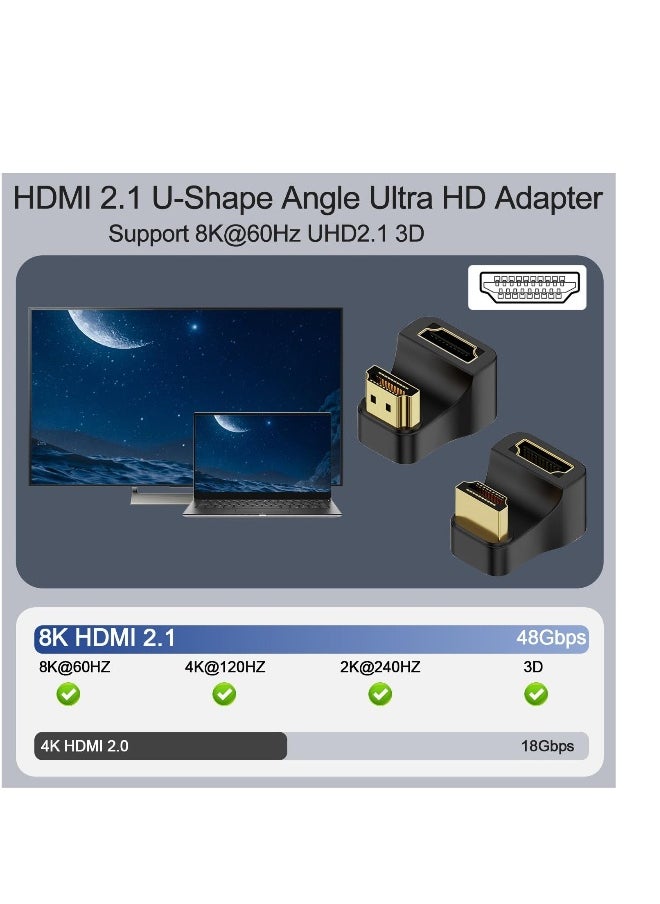 2 Pack HDMI Adapter, 2.1 Male to Female 180° Angle U Shape Angle HDMI, Support 3D 8K@60Hz 2.1, Suitable for Laptop PC Monitor Projector HDTV (1 Positive+1 Reverse)