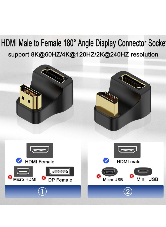 2 Pack HDMI Adapter, 2.1 Male to Female 180° Angle U Shape Angle HDMI, Support 3D 8K@60Hz 2.1, Suitable for Laptop PC Monitor Projector HDTV (1 Positive+1 Reverse)