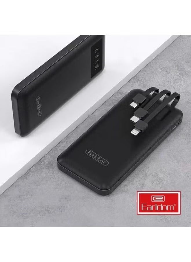 10000mAh Power Bank with 3 In-Built Charging Cables, LCD Display, Compact and Lightweight Portable Charger for Smartphones, Tablets, and More – Fast Charging, Convenient, and Reliable Power for On-the-Go Use (Black)