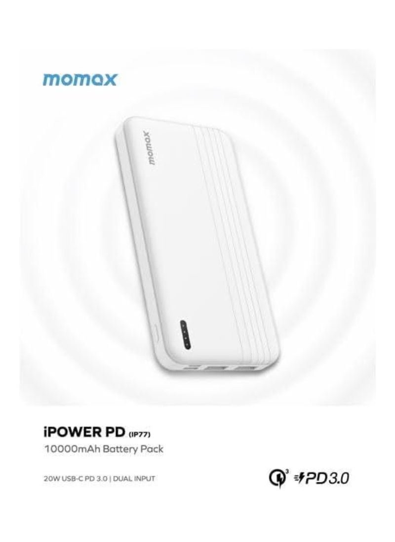 iPower PD 10000mAh Fast Charging Portable Battery Pack (White) – High-Capacity Power Bank for Smartphones, Tablets, and More – Quick Recharge, Compact Design