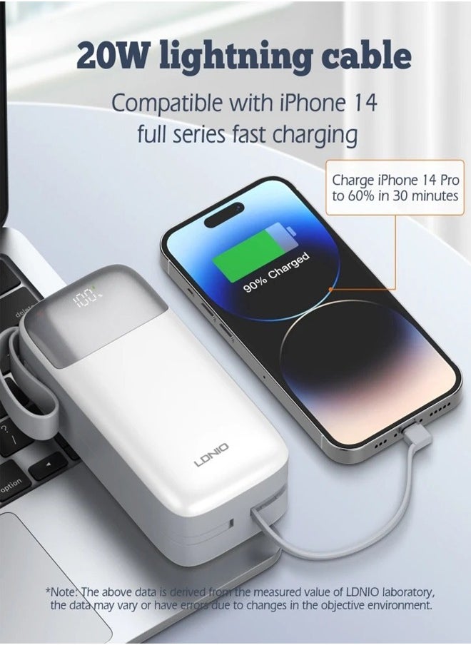 30000mAh Power Bank 2USB-A Fast Charging Power Banks smart LED Display with in-Built Type C and lighting Charging Cable White