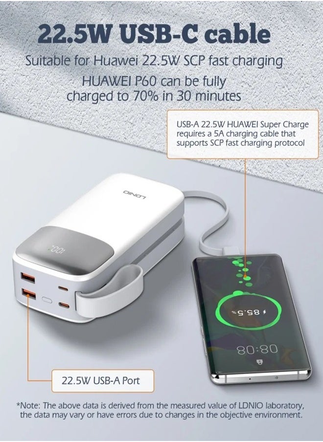 30000mAh Power Bank 2USB-A Fast Charging Power Banks smart LED Display with in-Built Type C and lighting Charging Cable White