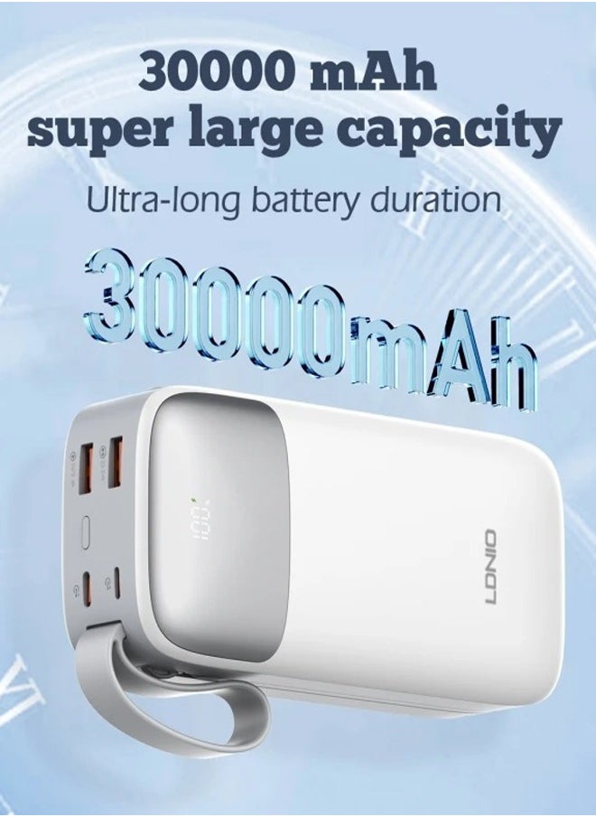 30000mAh Power Bank 2USB-A Fast Charging Power Banks smart LED Display with in-Built Type C and lighting Charging Cable White