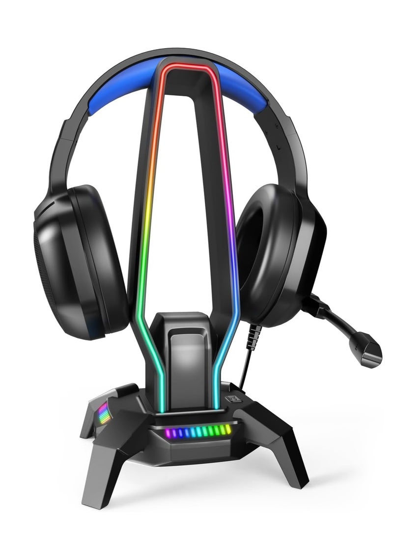 G6 RGB Headphone Stand with 3 USB 3.0, HD Audio, Type-C Port, Gaming Headset Holder for Desk, 8 Light Modes and Non-Slip Base Suitable, PC Gaming Setup Accessories Gamer Gift (Black)