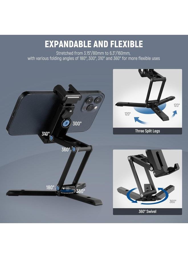 NEEWER Phone Tripod Mount with Cold Shoes, Metal Smartphone Tripod Adapter Compatible with iPhone, Multi Angle Tri Fold Cell Phone Holder Desktop Tripod, Handheld Phone Grip for Streaming Vlog SP-04