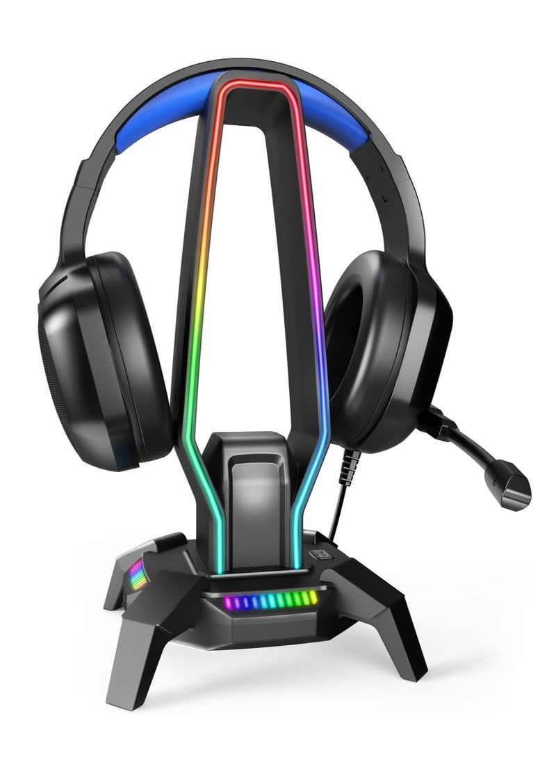 G6 RGB Headphone Stand with 3 USB 3.0, HD Audio, Type-C Port, Gaming Headset Holder for Desk, 8 Light Modes and Non-Slip Base Suitable, PC Gaming Setup Accessories Gamer Gift (Black)