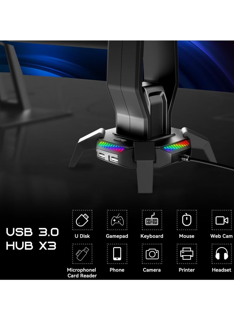 G6 RGB Headphone Stand with 3 USB 3.0, HD Audio, Type-C Port, Gaming Headset Holder for Desk, 8 Light Modes and Non-Slip Base Suitable, PC Gaming Setup Accessories Gamer Gift (Black)