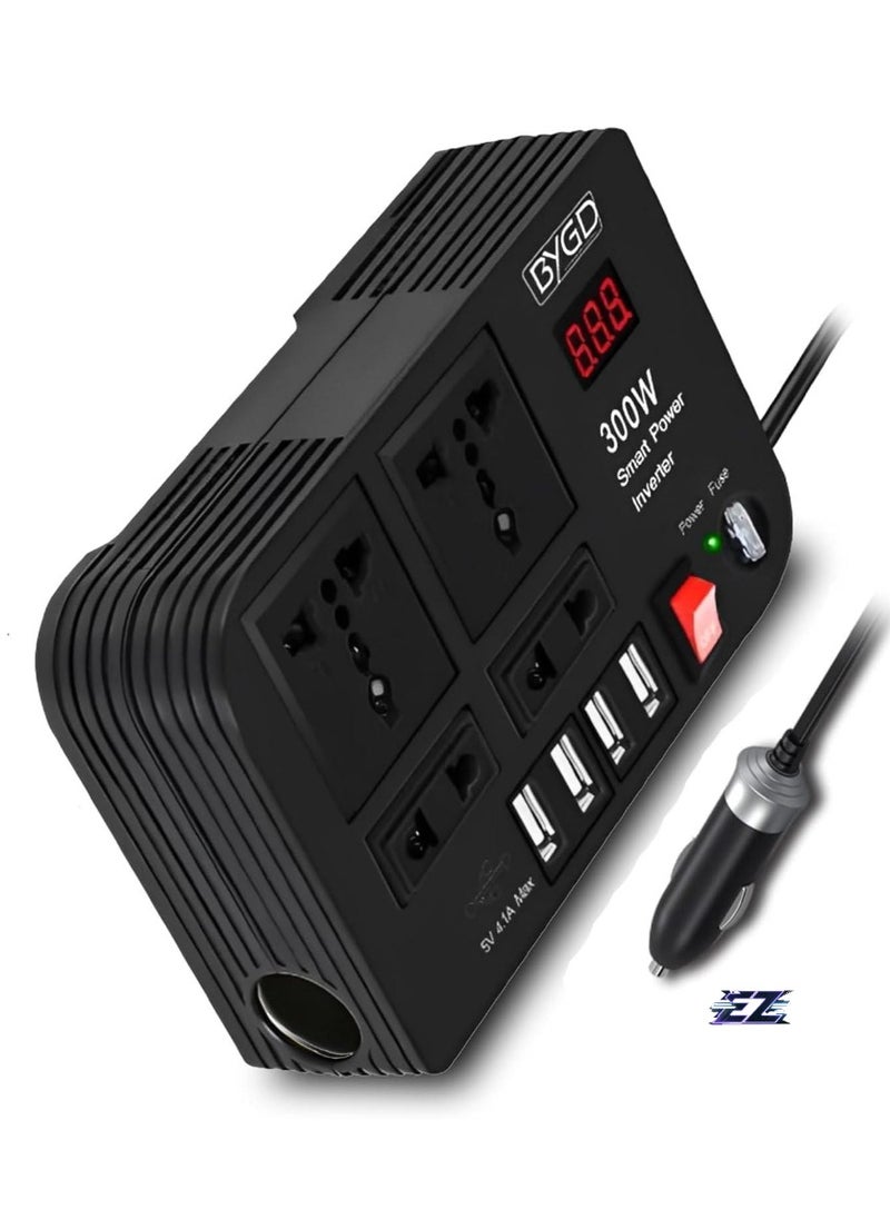 300W Car Power Inverter - DC 12V to 220V AC Converter with LED Display, 4 USB Ports, 4 Charger Outlets, Pure Sine Wave – Portable Charger for Cars, Trucks, RVs, and Emergency Use