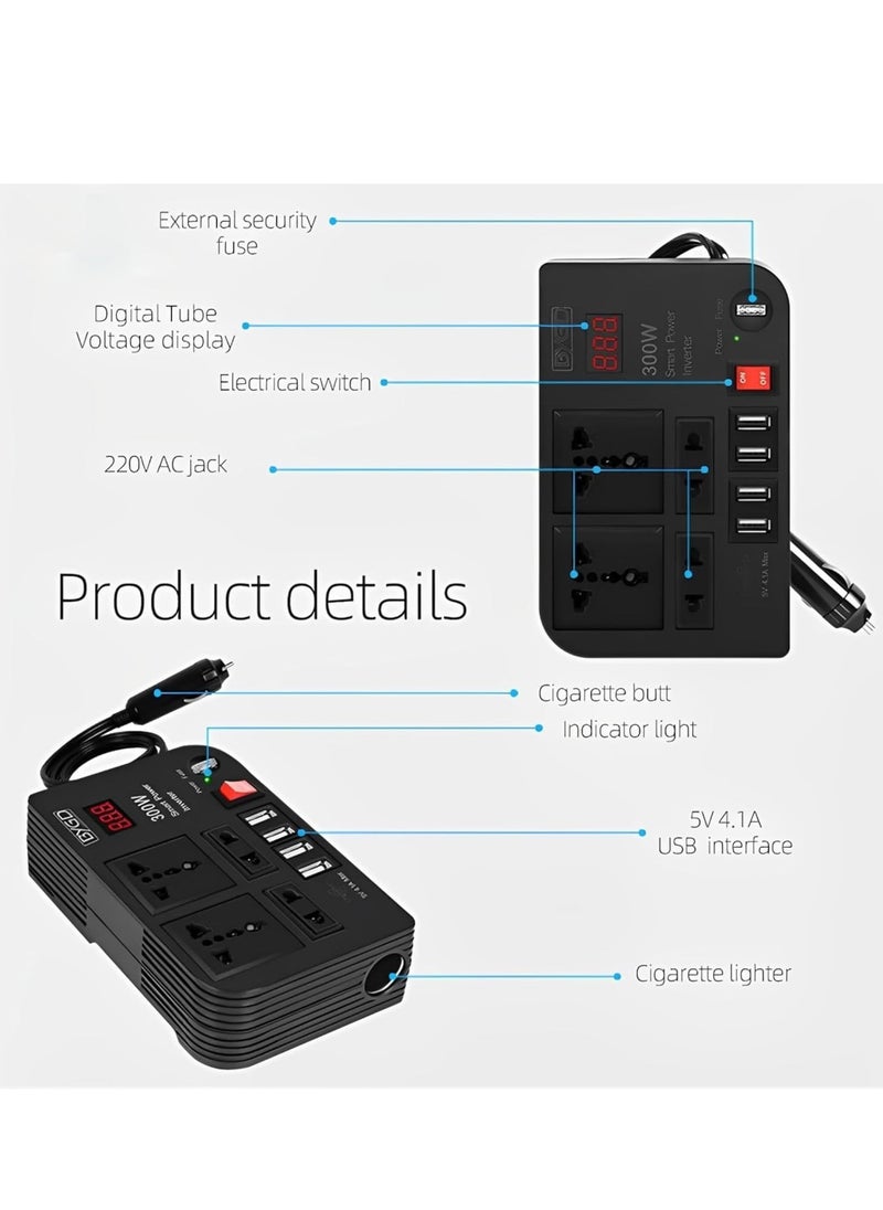 300W Car Power Inverter - DC 12V to 220V AC Converter with LED Display, 4 USB Ports, 4 Charger Outlets, Pure Sine Wave – Portable Charger for Cars, Trucks, RVs, and Emergency Use