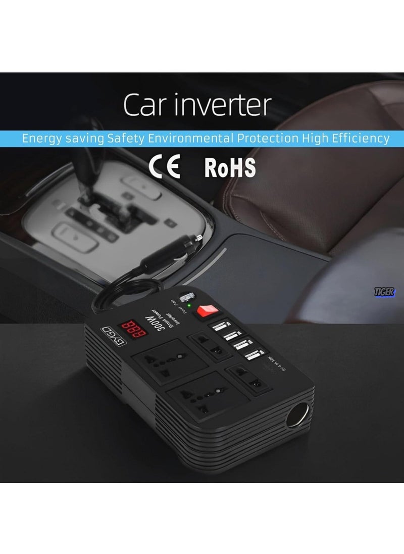 300W Car Power Inverter - DC 12V to 220V AC Converter with LED Display, 4 USB Ports, 4 Charger Outlets, Pure Sine Wave – Portable Charger for Cars, Trucks, RVs – Ideal for Charging Laptops, Phones, and Appliances