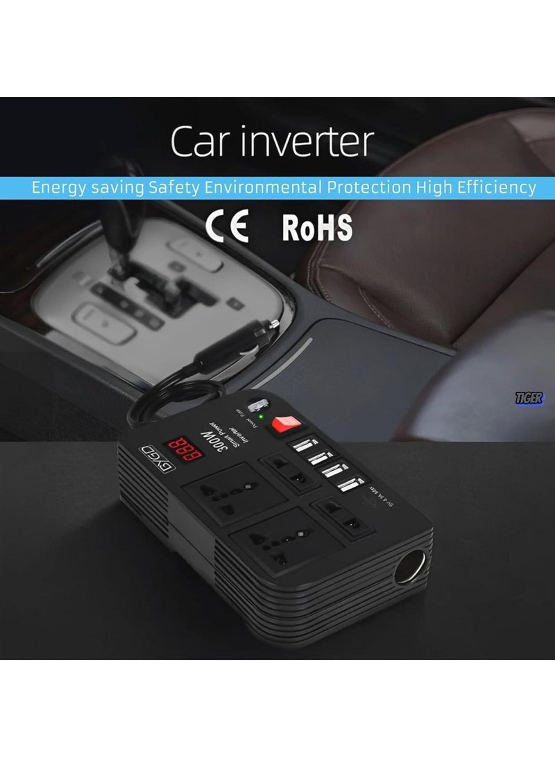 300W Car Power Inverter - DC 12V to 220V AC Converter with LED Display, 4 USB Ports, 4 Charger Outlets, Pure Sine Wave – Portable Charger for Cars, Trucks, RVs – Ideal for Charging Laptops, Phones, and Appliances