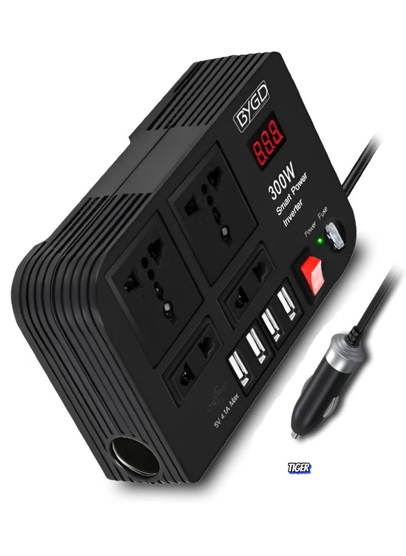 300W Car Power Inverter - DC 12V to 220V AC Converter with LED Display, 4 USB Ports, 4 Charger Outlets, Pure Sine Wave – Portable Charger for Cars, Trucks, RVs – Ideal for Charging Laptops, Phones, and Appliances