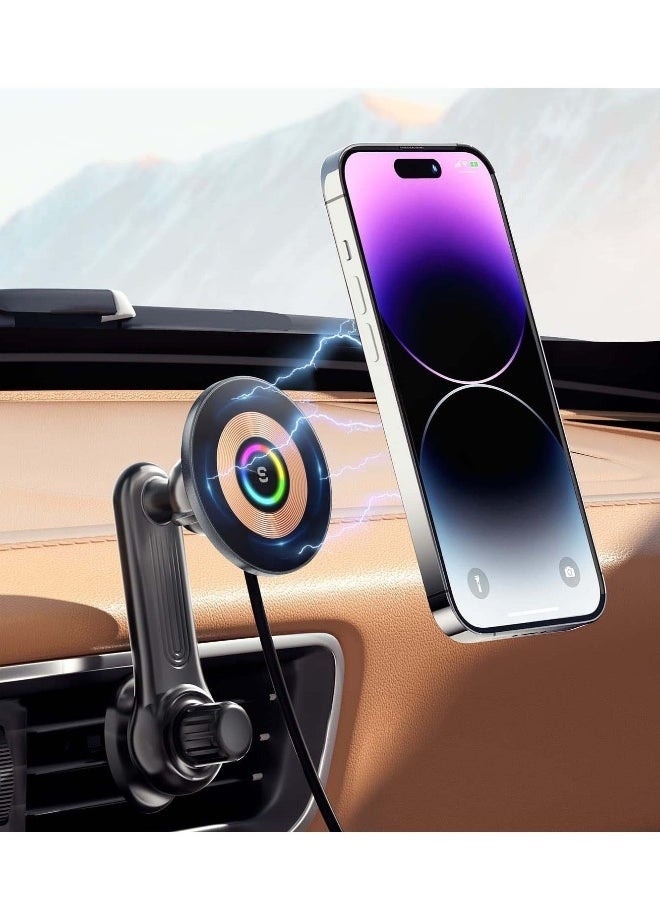 Car Mount Charger for MagSafe, 360° Adjustable Magnetic Wireless Car Charger with RGB Light, Air Vent Magnetic Phone Holder Charger for iPhone 14 13 12 Series (with Car Adapter)