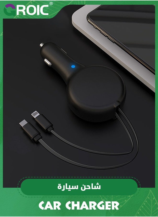 Retractable Car Charger for iPhone, 2 in 1 Fast Car Phone Charger Adapter with Retractable Type C & L Cords, Cell Phone Automobile Charger for iPhone 16/15/14/13/12/11 Pro Max/XR/XS