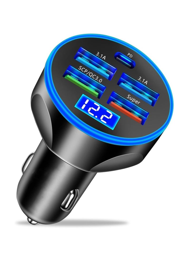 5 Port Car Charger Socket, Quick Charge 4USB+Type C Multi Port Car Accessories Interior Compatible with Most Smart Phone