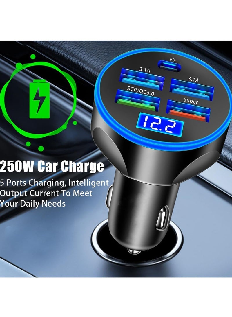 5 Port Car Charger Socket, Quick Charge 4USB+Type C Multi Port Car Accessories Interior Compatible with Most Smart Phone