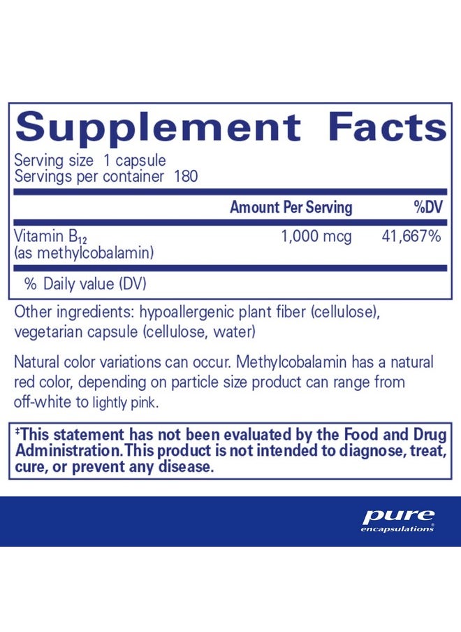 Pure Encapsulations Methylcobalamin 1,000 mcg - Vitamin B12 Supplement to Support Memory & Nerve Health - Premium Vitamin B12 Capsules - 180 Capsules