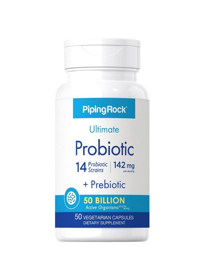 Piping Rock Probiotic Multi Enzyme | 50 Capsules | 142mg | with Prebiotics | Digestive Formula for Men and Women | 14 Strains | 50 Billion Active Organisms | Non-GMO & Gluten Free Supplement