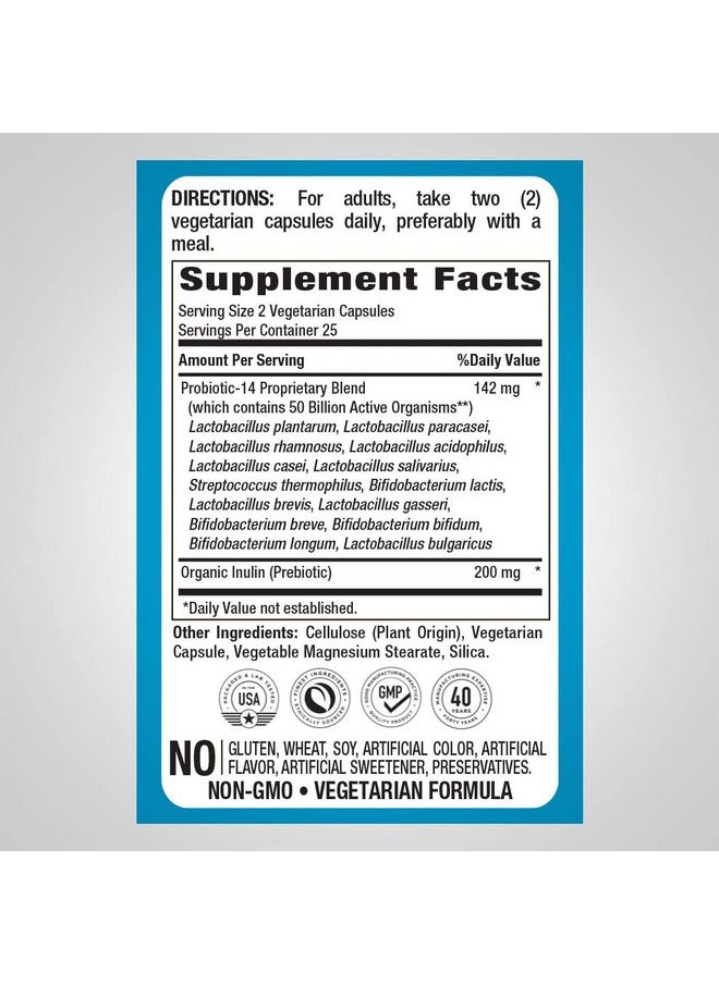 Piping Rock Probiotic Multi Enzyme | 50 Capsules | 142mg | with Prebiotics | Digestive Formula for Men and Women | 14 Strains | 50 Billion Active Organisms | Non-GMO & Gluten Free Supplement