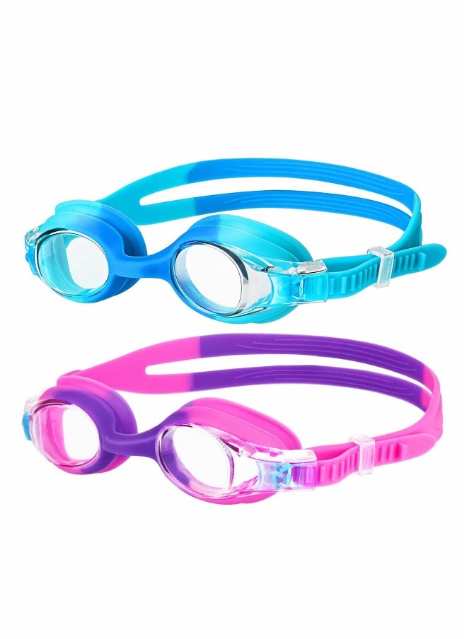 Kids Swimming Goggles, 2 Pack No Leak Adjustable Straps HD Silicone Anti Fog Kids Swim Goggles, UV Protection, Waterproof, Comfortable Fashion for Boys Girls (Age 6-14)