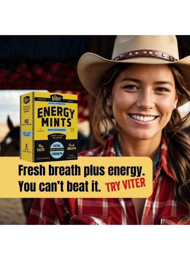 Viter Energy Caffeine Mints 80mg Extra Strength - 90 Caffeinated Mints with B Vitamins. Sugar Free Vegan Breath Mint. Boosts Focus, Nootropic Energy & Fast Alertness. (Wintergreen Flavor, 30 Pack)