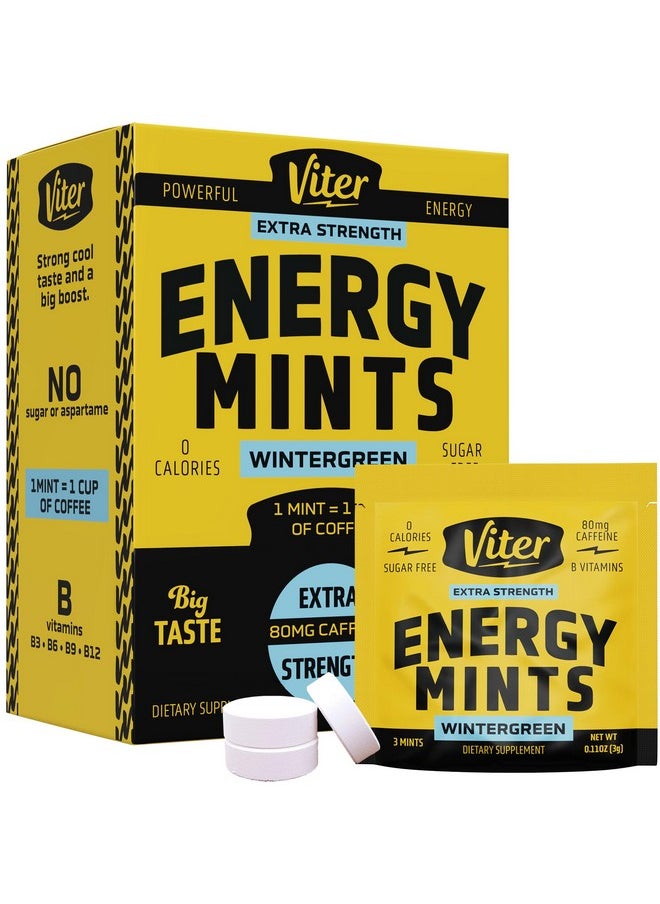 Viter Energy Caffeine Mints 80mg Extra Strength - 90 Caffeinated Mints with B Vitamins. Sugar Free Vegan Breath Mint. Boosts Focus, Nootropic Energy & Fast Alertness. (Wintergreen Flavor, 30 Pack)