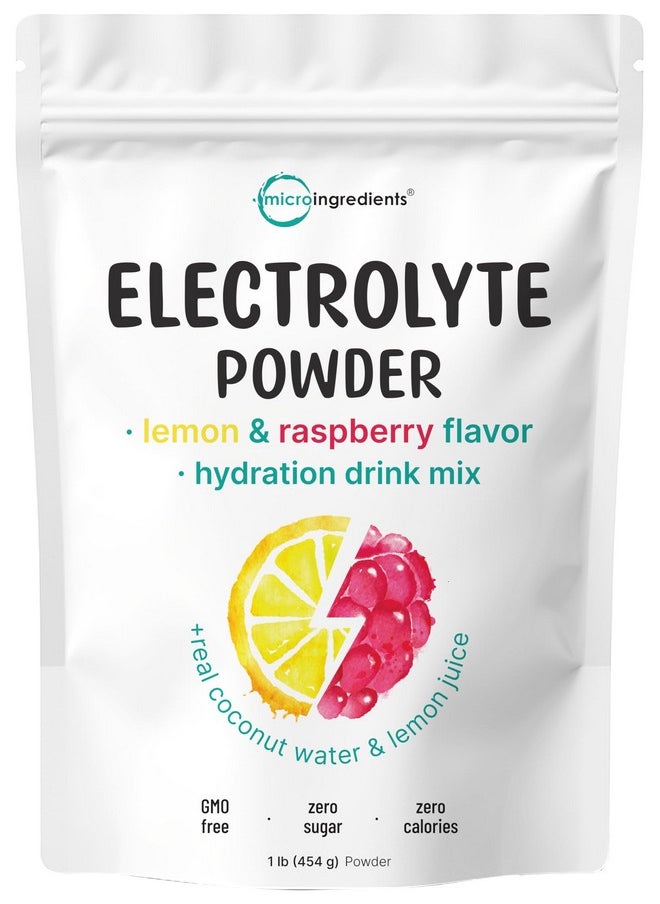 Micro Ingredients Hydration Electrolyte Powder, 1lb (69 Servings), Keto & No Sugar - High Potassium (1000mg) with Lemon Raspberry Flavored - Made with Real Lemon Juice & Coconut Water - Non-GMO