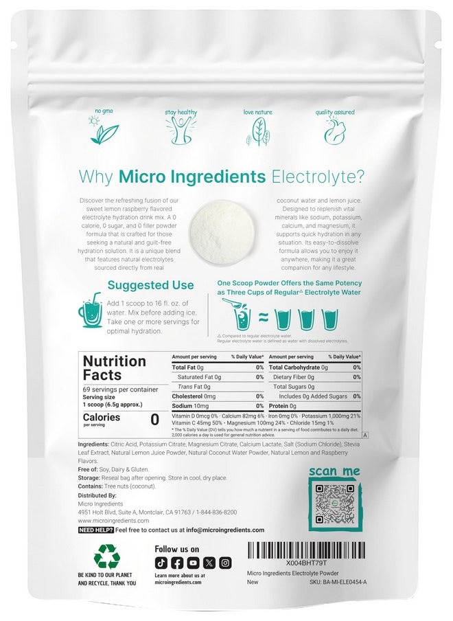 Micro Ingredients Hydration Electrolyte Powder, 1lb (69 Servings), Keto & No Sugar - High Potassium (1000mg) with Lemon Raspberry Flavored - Made with Real Lemon Juice & Coconut Water - Non-GMO