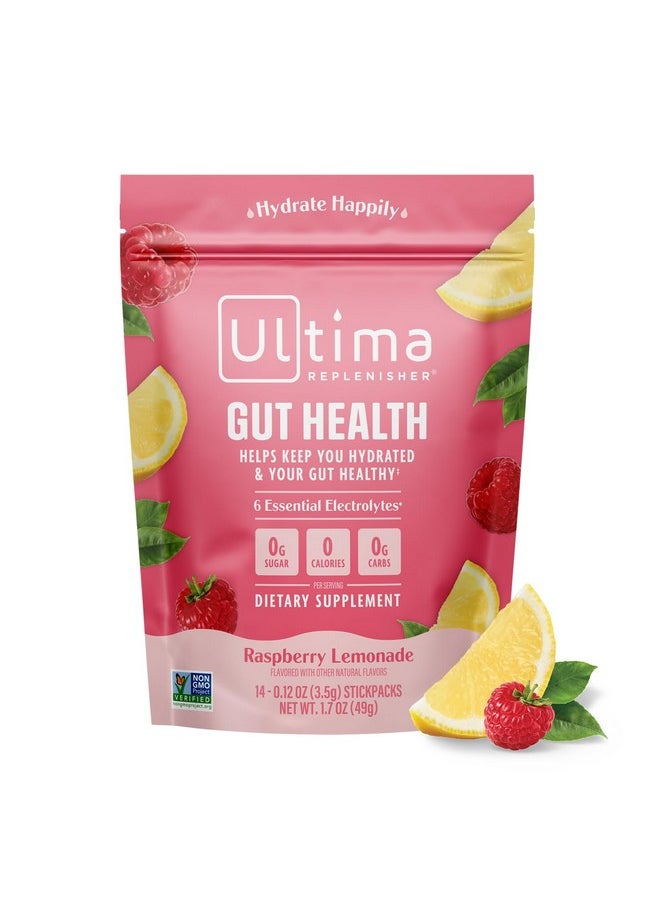 Ultima Replenisher Gut Health Supplement & Electrolytes Powder - Raspberry Lemonade, 14 Stickpacks - Hydration Packets with Added Gut Health Benefits