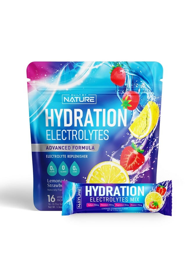 Electrolytes Powder Hydration Packets - Recovery Drink Mix with Sodium, Potassium, Magnesium, Calcium, Vitamin C & Zinc - Sugar Free, Keto, Non GMO & Vegan - Strawberry Lemonade - 16 Sticks