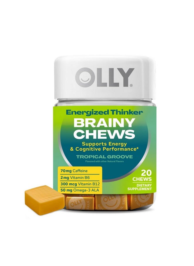 OLLY Energized Thinker Brainy Chews, 70mg of Caffeine, Vitamin B12 & Omega-3, Energy Supplement, Tropical, Vegetarian, 20 Count