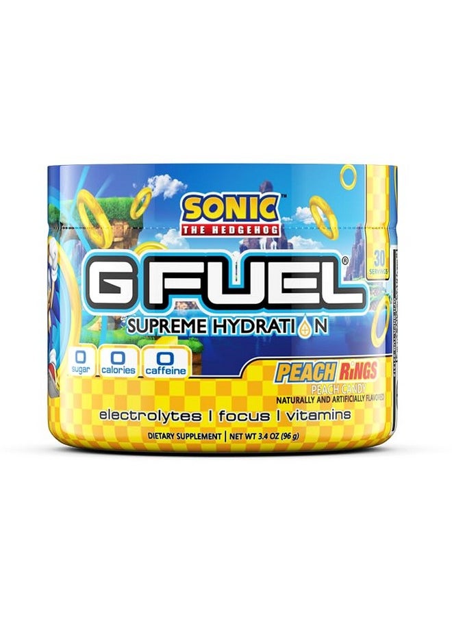 G Fuel Sonic's Peach Rings Electrolytes Powder, Water Mix for Hydration, Energy and Focus, Sugar Free, Zero Caffeine Supplement with Essential Minerals, Peach Rings Flavor, 3.4 oz (30 Servings)