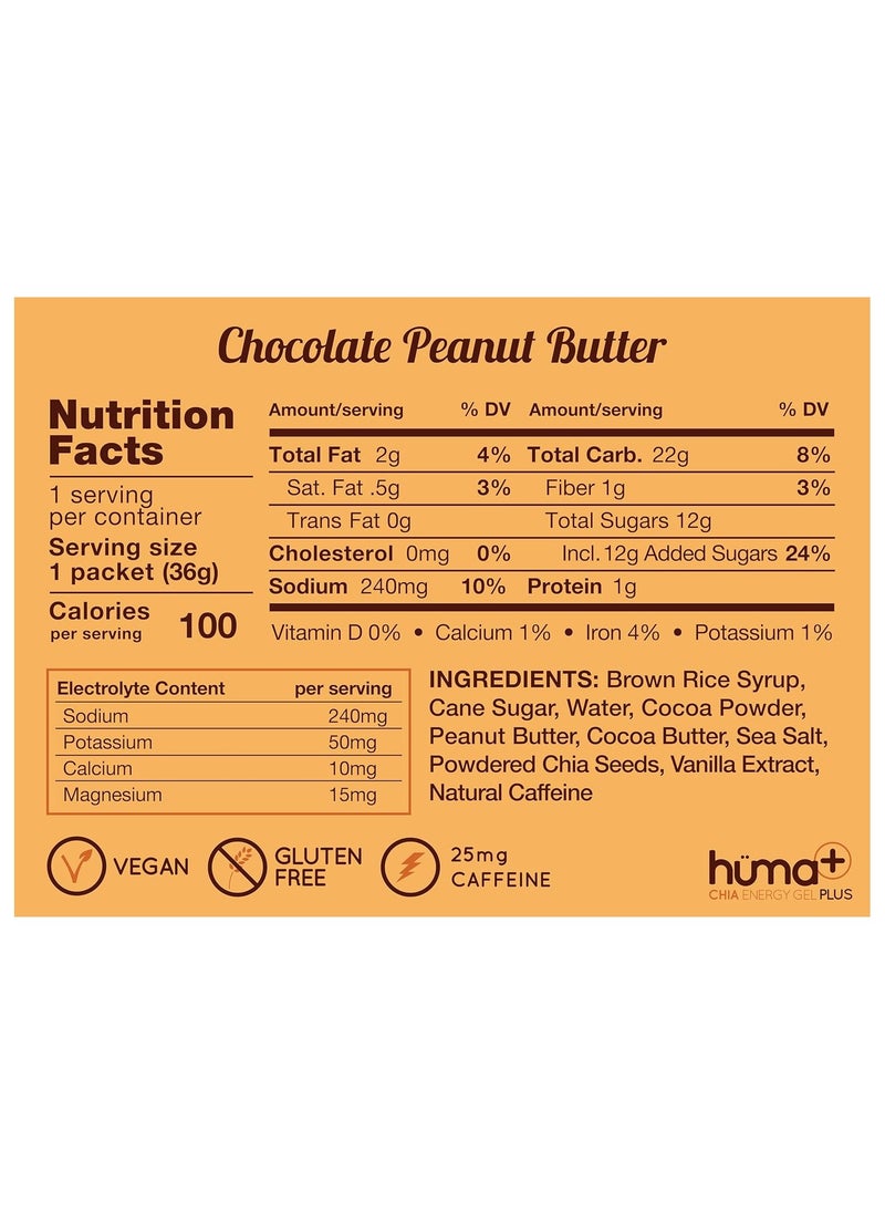 Huma Chia Energy Gel Plus – Chocolate Peanut Butter  - 9 count x 36g - 22gr Carbs, 240mg Sodium, 25mg Caffeine, Double Electrolytes, 100% All Natural, Vegan, Gluten Free