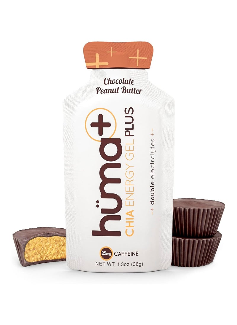 Huma Chia Energy Gel Plus – Chocolate Peanut Butter  - 9 count x 36g - 22gr Carbs, 240mg Sodium, 25mg Caffeine, Double Electrolytes, 100% All Natural, Vegan, Gluten Free