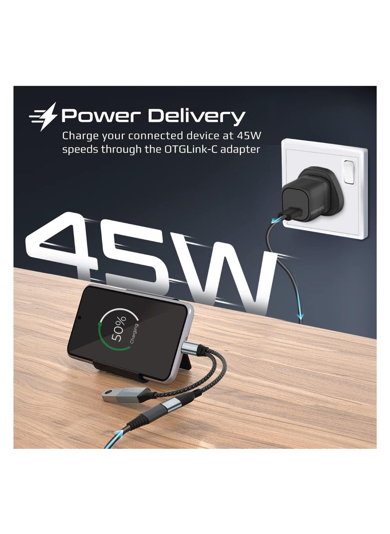 Promate USB-C OTG Media Adapter, Durable Nylon Braided Male USB-C to Female USB/USB-C Ports with 45W Power Delivery and 480Mbps Data Transfer for USB Type-C Enabled Devices, OTGLink-C