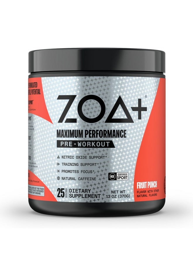 ZOA+ Zero Sugar Pre Workout Powder, Fruit Punch - NSF Certified for Sport with Electrolytes, Creatine, Beta Alanine, Ginkgo Biloba, 200mg Caffeine - 25 Servings