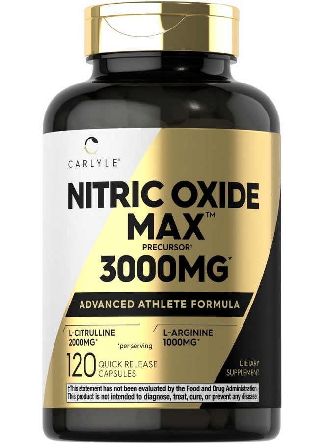 Carlyle Nitric Oxide Supplement 3000mg | 120 Capsules | Pre Workout with L-Arginine & L-Citrulline | Non-GMO, Gluten Free