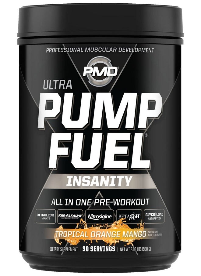 PMD Sports Ultra Pump Fuel Insanity - Pre Workout Drink Mix for Energy, Strength, Endurance, Recovery - Complex Carbohydrates and Amino Energy - Tropical Orange Mango (30 Servings)