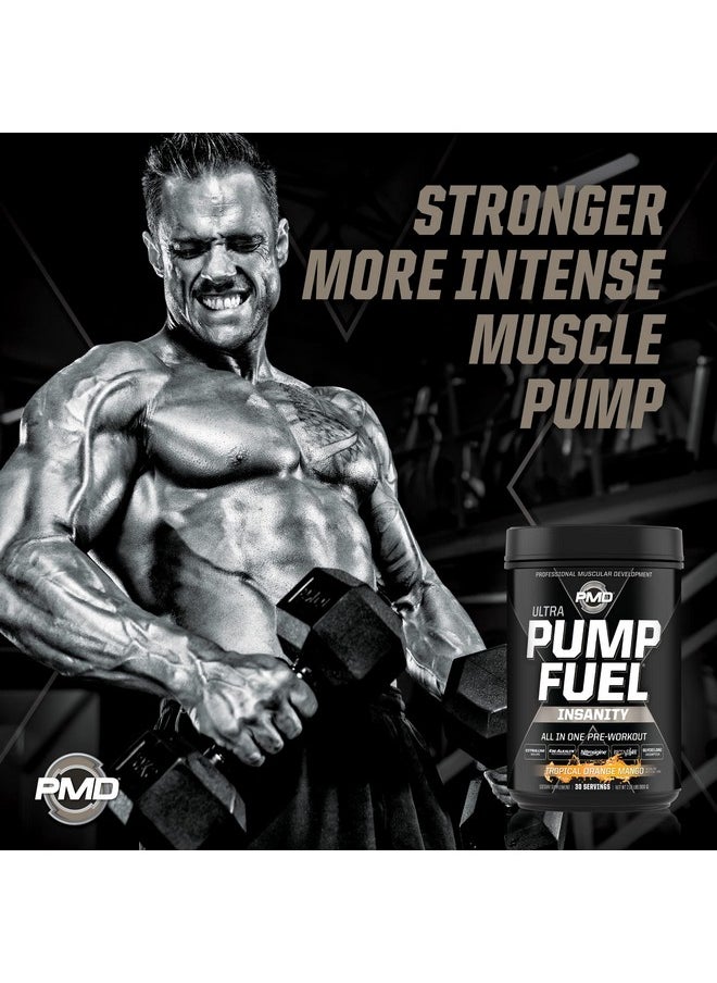 PMD Sports Ultra Pump Fuel Insanity - Pre Workout Drink Mix for Energy, Strength, Endurance, Recovery - Complex Carbohydrates and Amino Energy - Tropical Orange Mango (30 Servings)