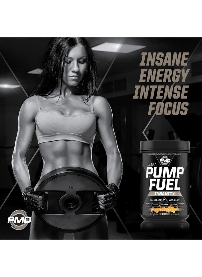 PMD Sports Ultra Pump Fuel Insanity - Pre Workout Drink Mix for Energy, Strength, Endurance, Recovery - Complex Carbohydrates and Amino Energy - Tropical Orange Mango (30 Servings)