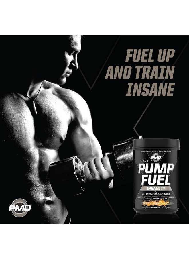 PMD Sports Ultra Pump Fuel Insanity - Pre Workout Drink Mix for Energy, Strength, Endurance, Recovery - Complex Carbohydrates and Amino Energy - Tropical Orange Mango (30 Servings)