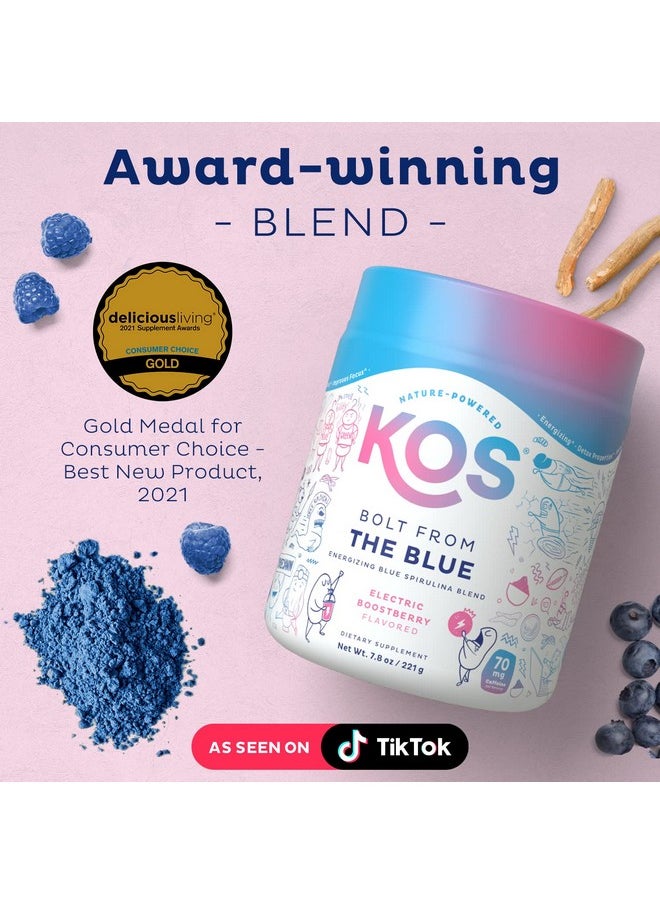 KOS Energizing Blue Spirulina Blend - USDA Certified Organic - B Vitamins, Ashwagandha, Ginseng, Adaptogens, Biotin - Vegan Pre Workout Powder - Caffeinated, Berry Flavored, 28 Servings