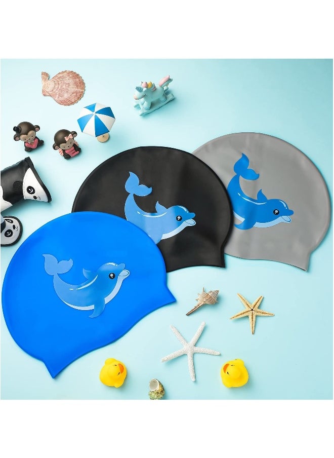 3 Pcs Swimming Caps for Kids, Silicone Swimming Caps with 3D Ear Protection for Child Youth Teen Cartoon Swimming Caps with Dolphin Design for Unisex (Blue, Black, Gray)